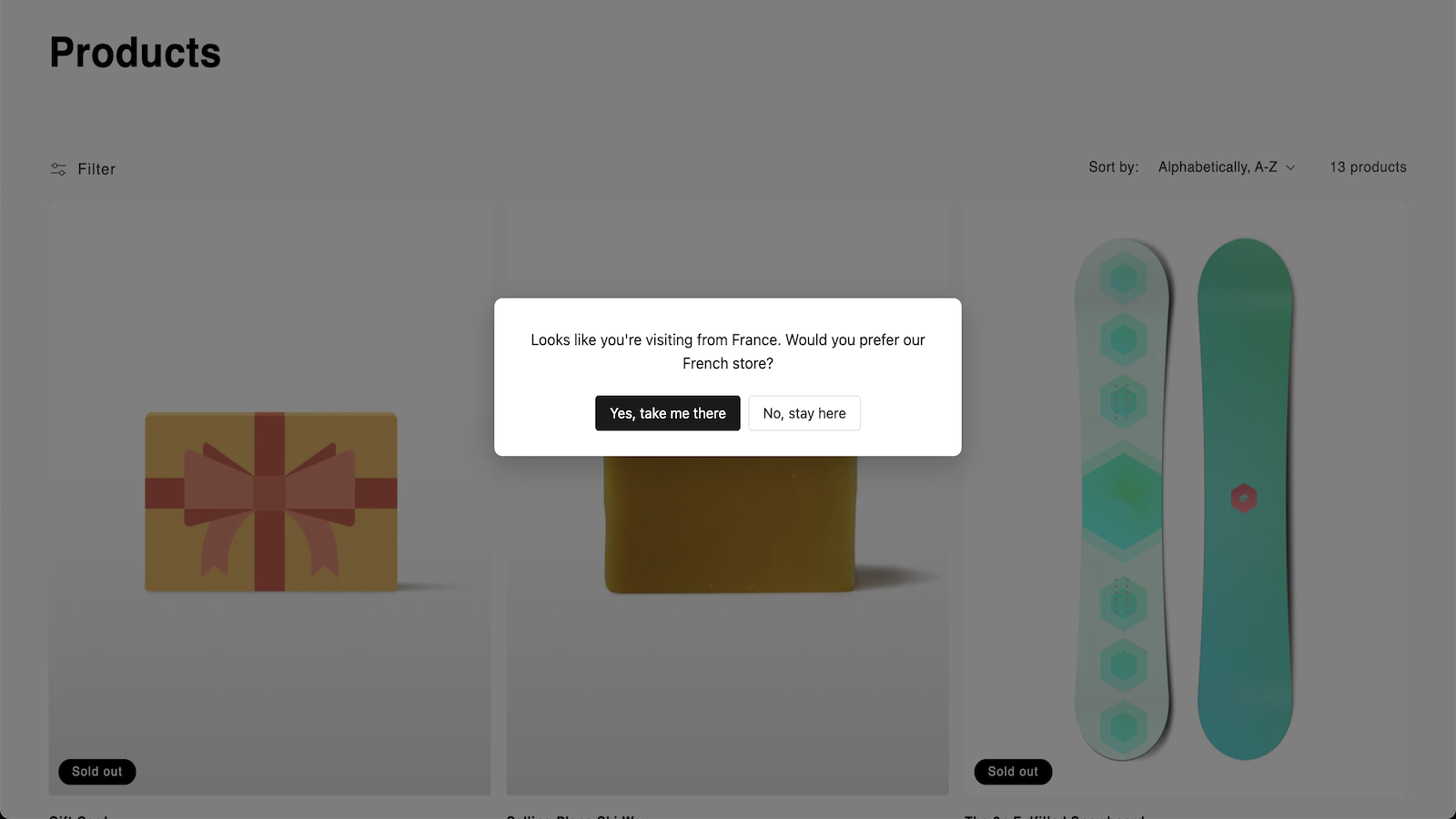 Welcome popup modal asking French visitors to switch to FR store
